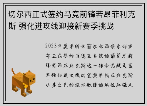 切尔西正式签约马竞前锋若昂菲利克斯 强化进攻线迎接新赛季挑战